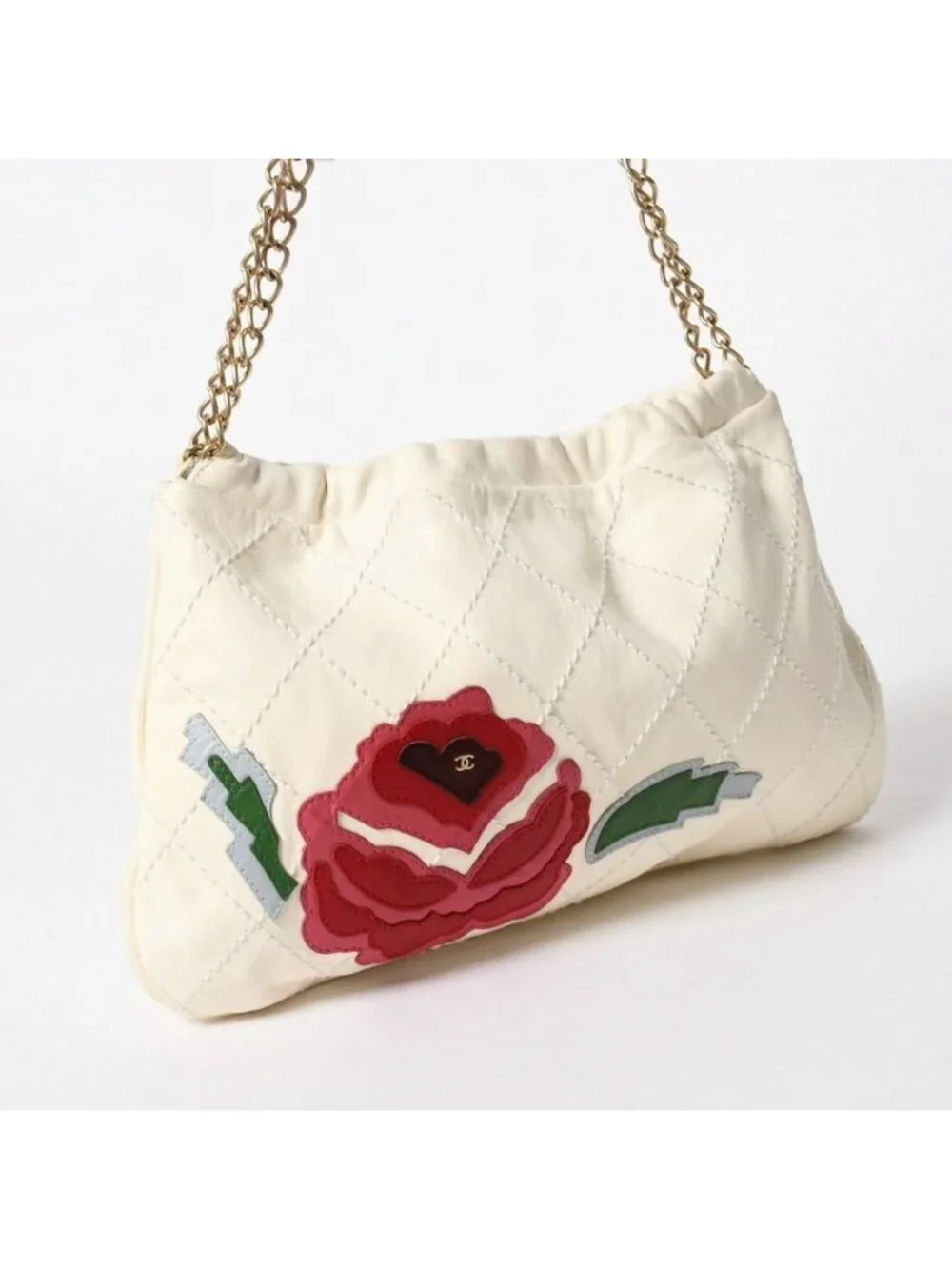 Chanel Shoulder Bag Chain Floral White Red Green Gold Lambskin